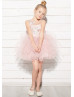 Blush Pink Lace Tulle Keyhole Corset Back Flower Girl Dress